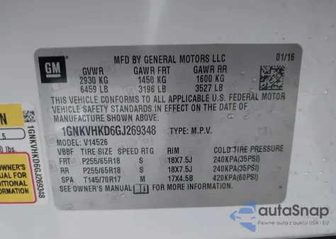 2016 Chevrolet Traverse 2Lt z USA, uszkodzony, nr VIN 1GNKVHKD6GJ269348